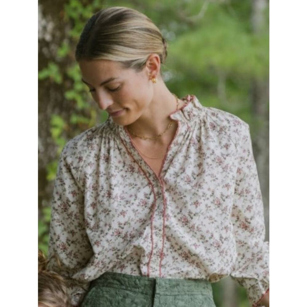 Baybala Cotton Blend Ditsy Floral Harper Blouse with Green Trim Women's Sz. XS